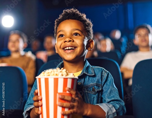 Child enjoying popcorn at movie theatre
