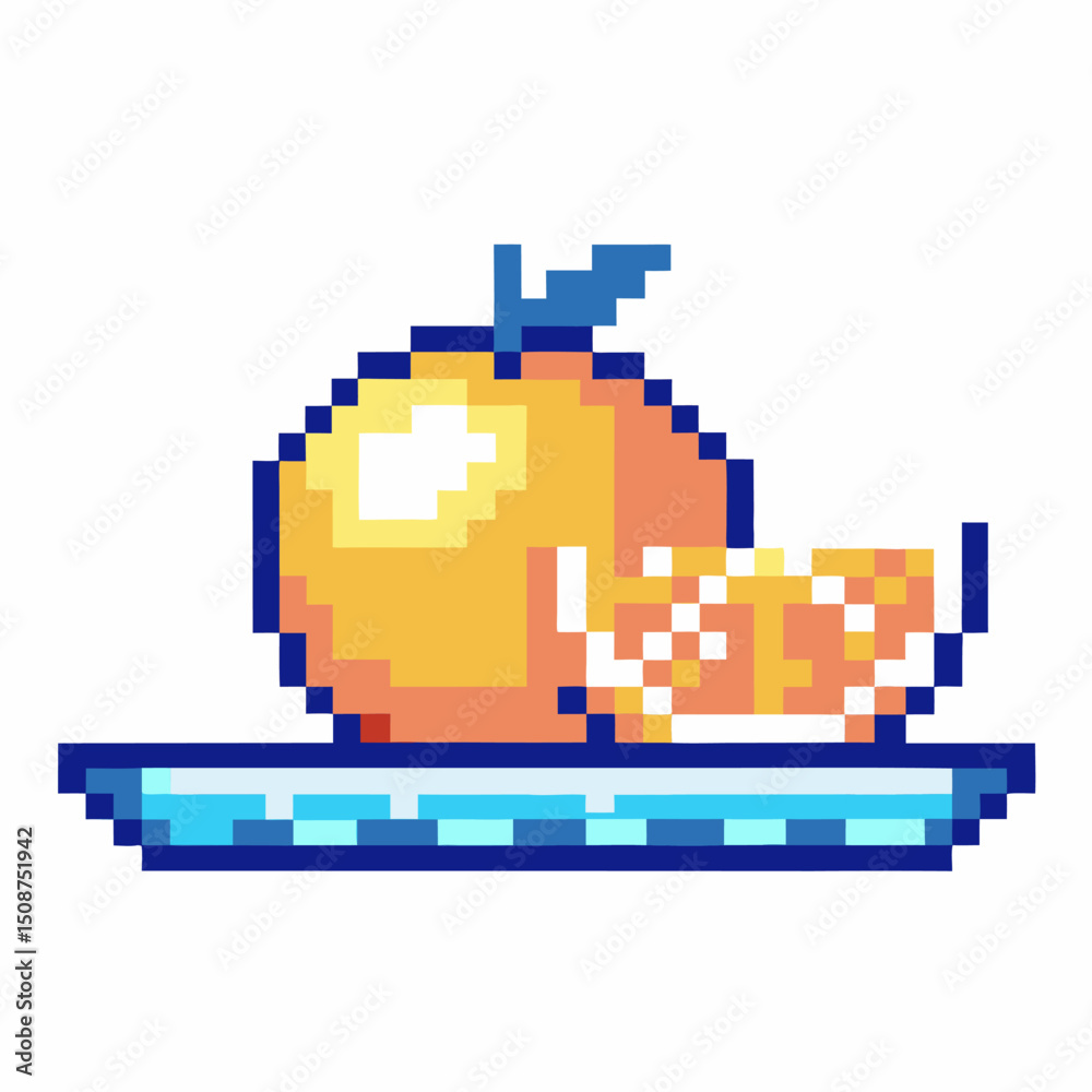 Obraz premium Pixel art fruit blue plate holds orange and sliced fruit retro digital style, nostalgic design, bright color palette