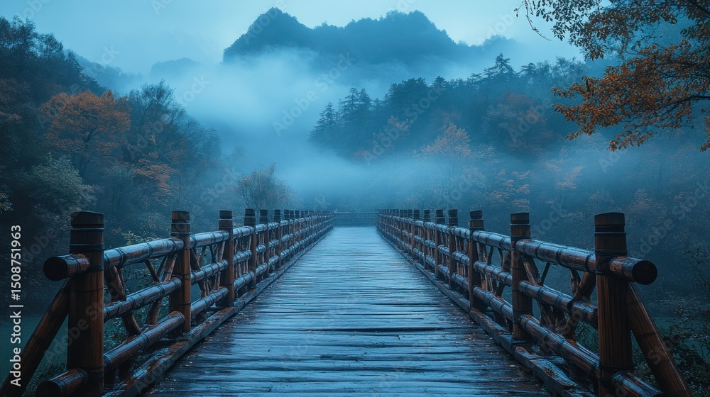 Fototapeta premium Misty mountain bridge, autumn colors, wooden planks