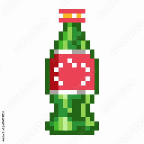 pixel art green soda bottle with red label retro beverage design with white dots in vintage 8 bit