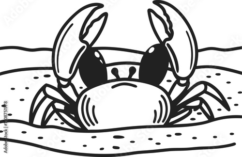 crab crawling on sandy beach with claws raised black and white illustration, marine life and ocean theme