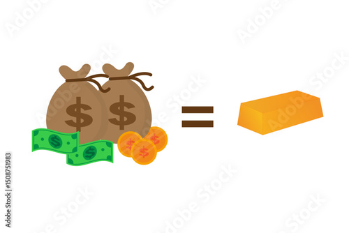 vector illustration of a sack of dollar bills worth the same as a gold bar