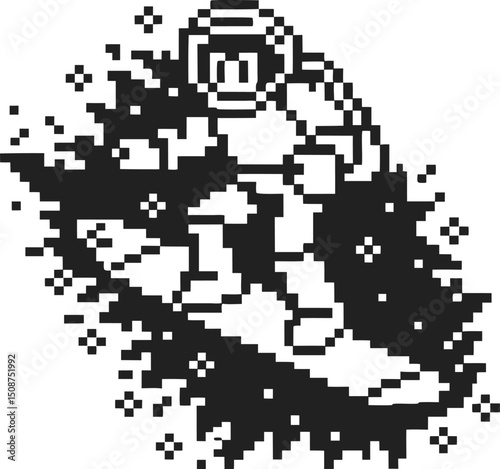 Pixel art astronaut surfing through space on pixelated board, cosmic adventure design
