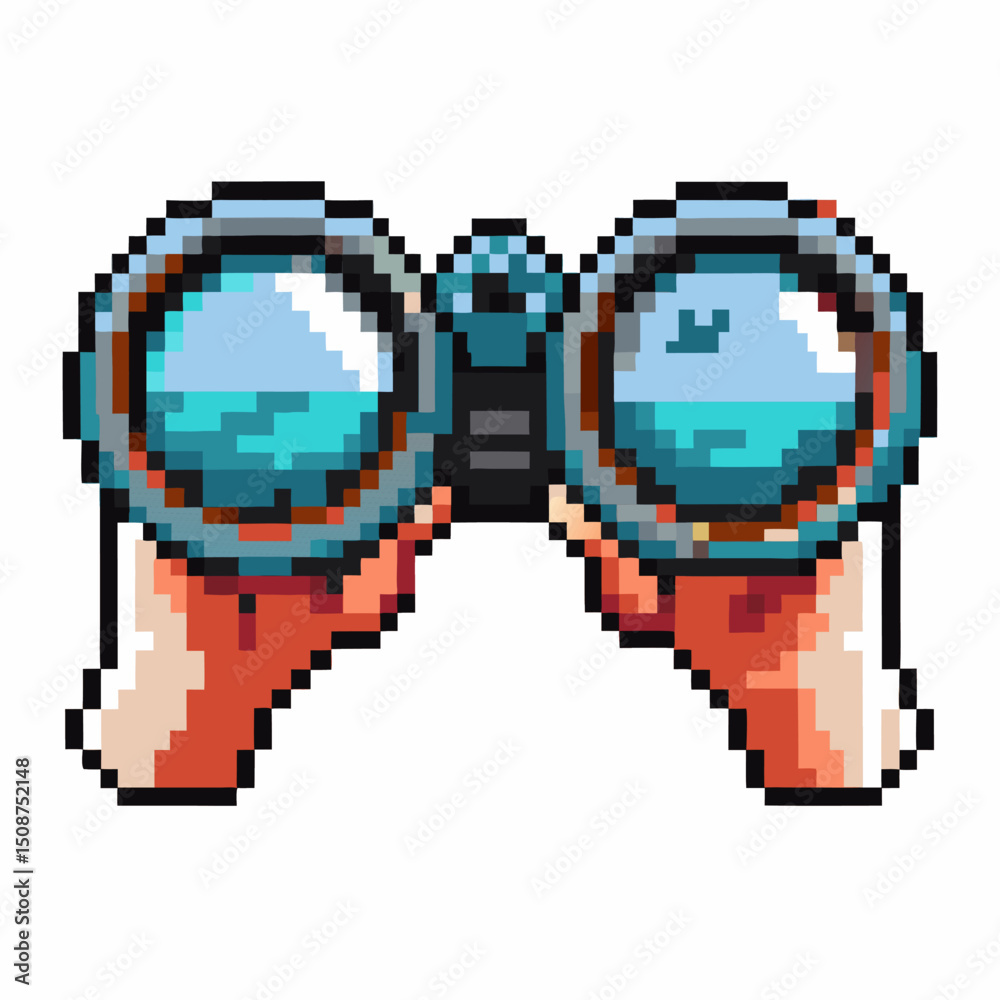 Fototapeta premium pixel art binoculars hands holding, retro gaming aesthetic exploration and discovery tool