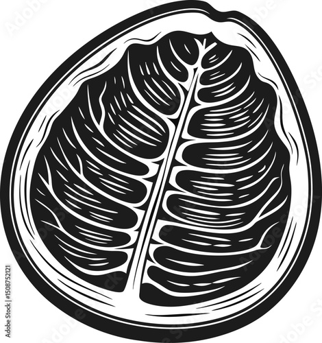 Black and white walnut shell illustration detailed half nut drawing, monochrome botanical art