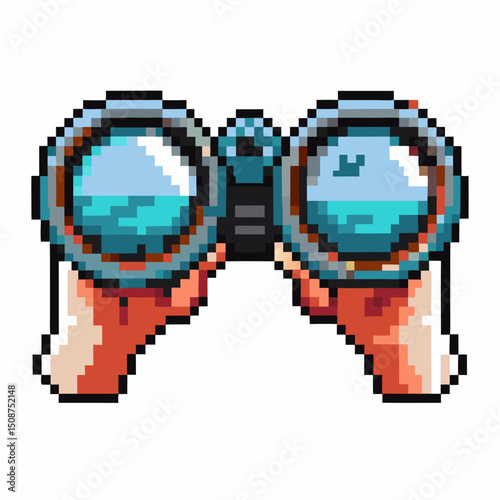 pixel art binoculars hands holding, retro gaming aesthetic exploration and discovery tool