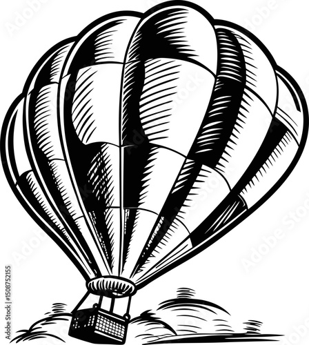 Vintage hot air balloon sketch in black and white, detailed illustration