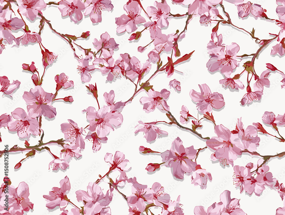 Fototapeta premium cherry blossom, flower, pattern, floral, seamless, vector, illustration, nature, spring, blossom, design, wallpaper, decoration, flowers, pink, cherry, tree, art, leaf, beauty, plant, texture, branch,