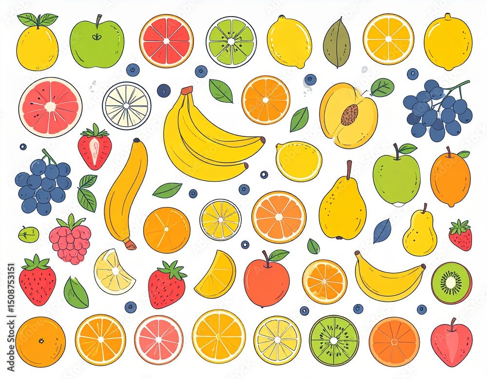 Obraz premium Colorful Fruit Medley in Flat Vector Style