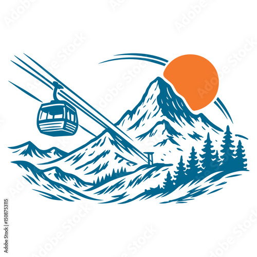 Cable car over snowy mountain landscape with pine trees and sun. Concept of winter alpine resort, ski tourism and sports.