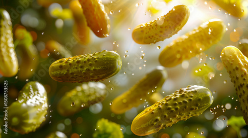 Dynamic composition of multiple pickles suspended in mid-air, illuminated by warm sunlight with floating seasoning particles. The vibrant colors and dramatic lighting create food concept.