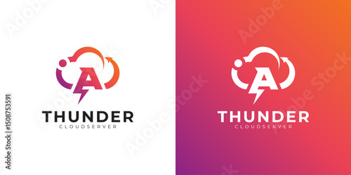 Modern cloud computing logo with gradient, arrow, and lightning bolt design