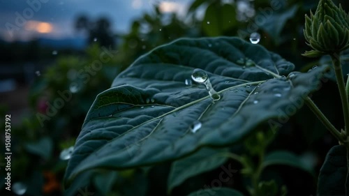 Water Droplets Resting on Green Leaf Macro Nature Scene