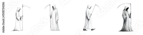 Mysterious, ominous cloaked figures of death holding scythes in various poses, highlighting the thematic elements of mortality and the inevitability of fate, perfect for Halloween and gothic designs.