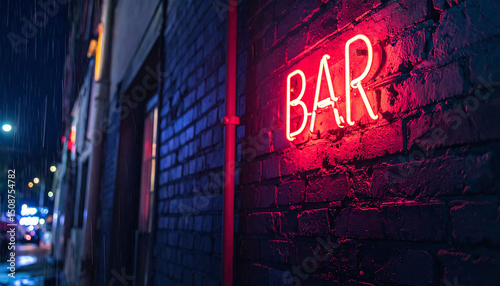 Atmospheric shot of a neon BAR sign glowing red against a textured brick wall on a rainy night. Evokes urban nightlife, cityscapes, and entertainment vibes.