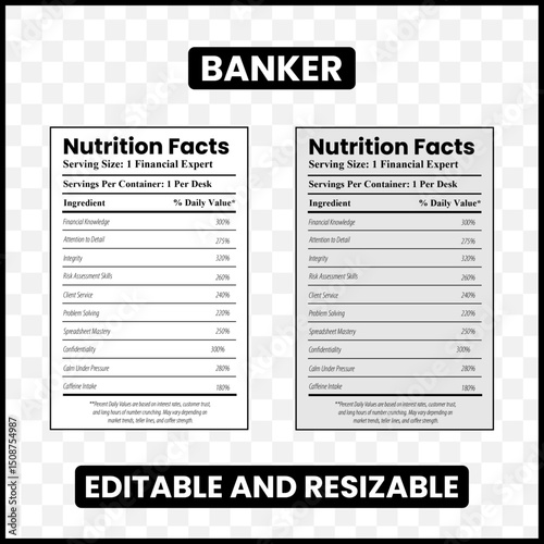 Banker nutrition facts
Banking nutrition label
Finance professional label
Funny banker label
Bank employee nutrition facts
Mock nutrition label
Banker humor label
Financial industry nutrition facts