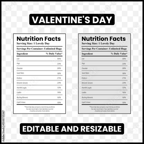Valentine's Day Nutrition Facts
Valentine nutrition label
Love nutrition facts
Funny nutrition label
Valentine's infographic
Love label design
Heart nutrition facts
Relationship nutrition label