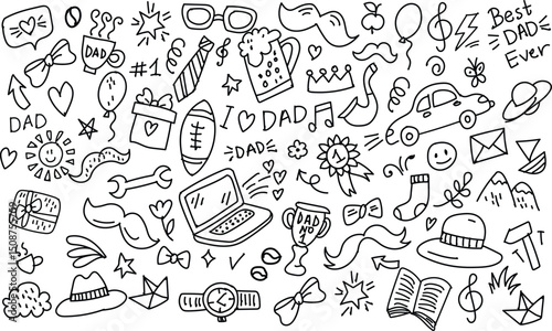 Happy Father’s Day doodle icon set on white background with tie, mustache, beer, car, gift, laptop, and crown. Hand drawn vector illustration. Perfect for cards, posters, patterns, and digital design.