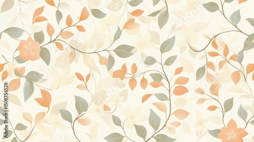Wallpaper Mural Seamless pastel floral pattern with peach and green leaves and flowers on a cream background. Torontodigital.ca