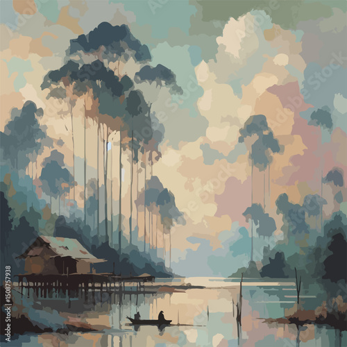 forest painting with soft color variations