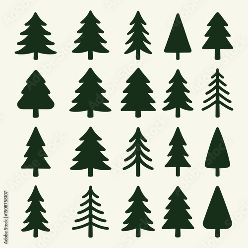 Set of Pine Tree Silhouette Icons – Vector Evergreen Christmas Tree Collection