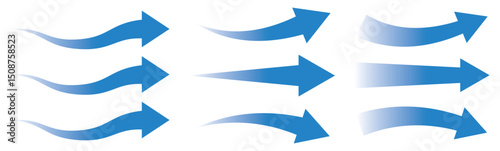 Air flow arrows set. Set of blue arrow showing wind air flow. Vector set of air flow arrows. Blue air flow arrows showing wind circulation and ventilation. Set of blue arrows showing cold air 