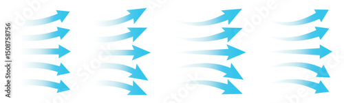 Air flow arrows set. Set of blue arrow showing wind air flow. Vector set of air flow arrows. Blue air flow arrows showing wind circulation and ventilation. Set of blue arrows showing cold air 