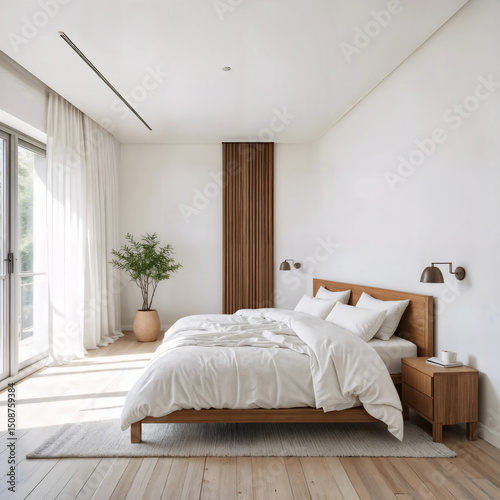 Panoramic view of a minimalist bedroom with white linen bedding and a wooden bed frame