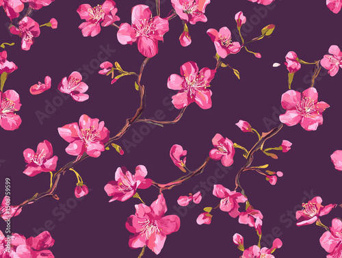 Wallpaper Mural cherry blossom, flower, pattern, floral, seamless, vector, illustration, nature, spring, blossom, design, wallpaper, decoration, flowers, pink, cherry, tree, art, leaf, beauty, plant, texture, branch, Torontodigital.ca