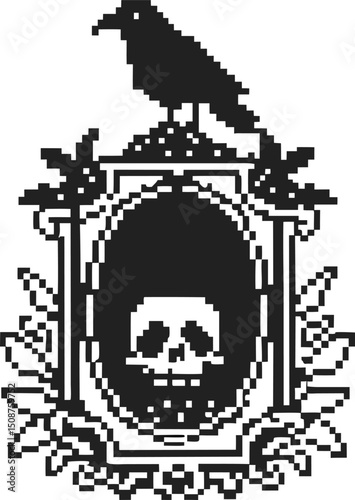 Pixel art gothic frame with skull and crow, vintage retro style, intricate dark theme