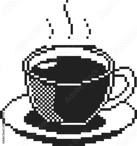 Pixel art of steaming coffee cup on saucer, black and white retro illustration