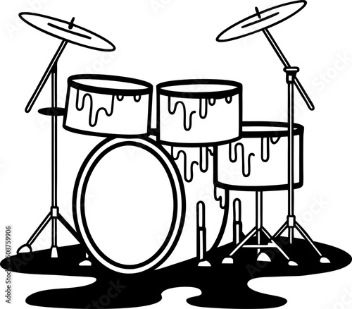 Melting drum set illustration surreal art of drums with dripping paint, musical creativity