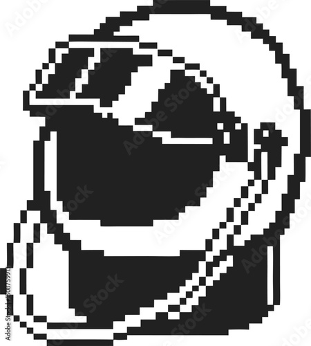 Pixel art motorcycle helmet, futuristic retro design, minimal black and white digital illustration