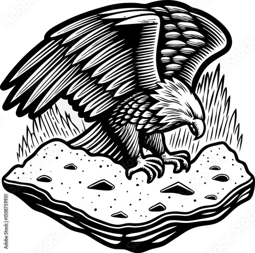 eagle perched on rocky cliff, black and white illustration predatory bird, nature and wildlife art
