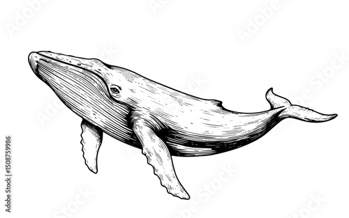 Humpback Whale intricate engraving vector line art illustration, isolated on transparent background