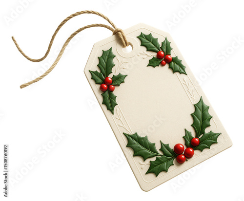 Beige gift tag adorned with green holly leaves and red berries, featuring a twine string for attaching on transparent background.