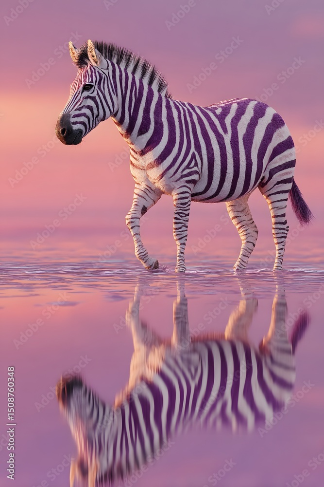 Fototapeta premium Purple Zebra Walking in Pink Water at Sunset A Surreal Wildlife Scene