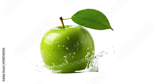 Refreshing green apple with a vibrant leaf, captured mid-splash in clear water, isolated on a white background. Perfect for health, freshness, and beverage concepts.