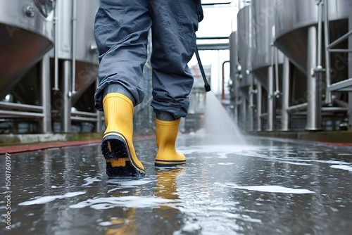 Brewery worker cleaning the floor with high pressure washer