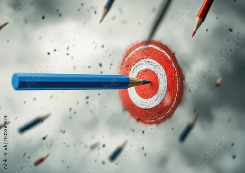 A blue pencil flying towards the target, with an array of other pencils scattered around it. The background is cloudy and gray, adding to the contrast between lightness.