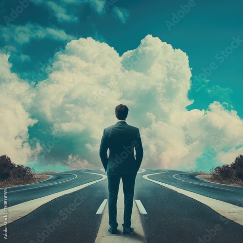 A businessman standing at the crossroads of multiple roads, symbolizing his exploration and choices in life or business. Winding roads leading to different directions.