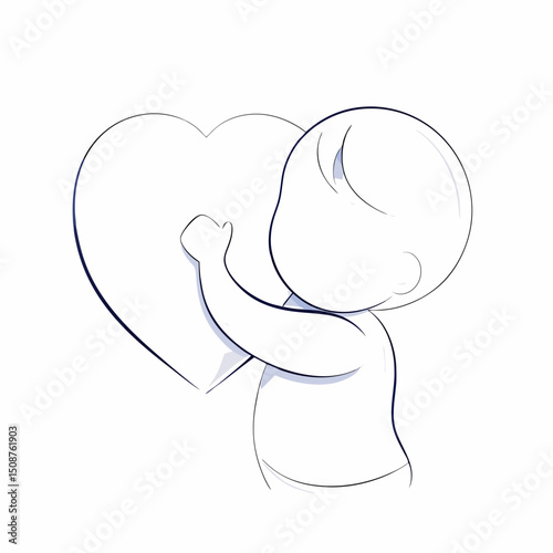 Cute baby holding heart shape in minimalist line art style  