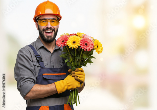 happy builder with a bouquet of flowers  . Generative AI