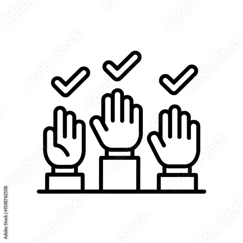 Three raised hands are depicted in a black line drawing, with three check marks above them, suggesting agreement or participation