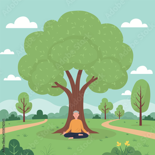 Elderly person meditating peacefully under a large tree in nature
