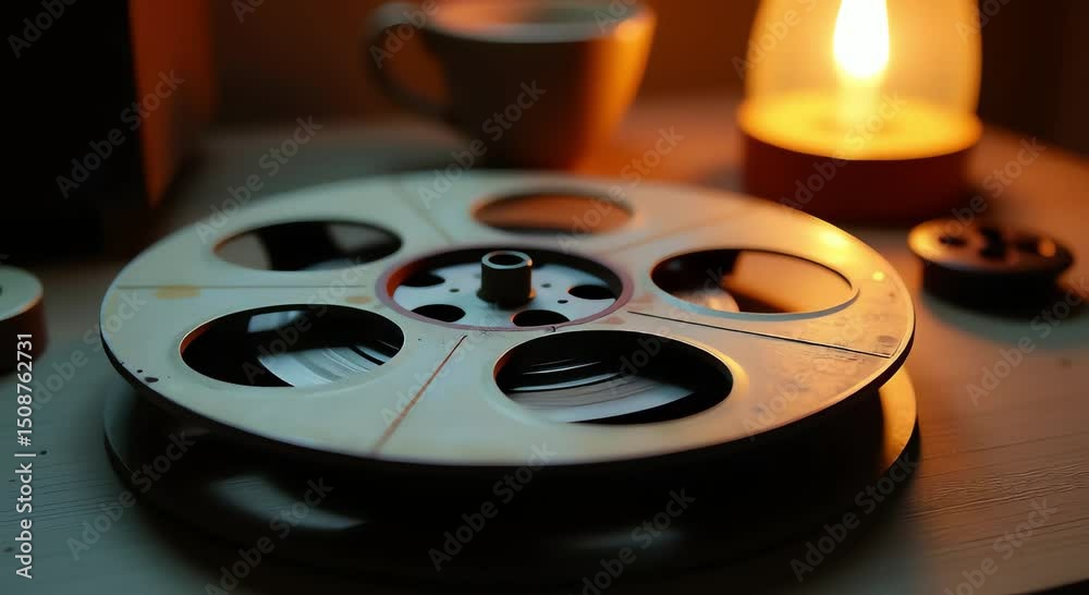 image shows table reel film sitting top next candle cup background slightly blurred giving