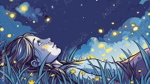 Young girl lying on grass gazing at stars under a night sky  