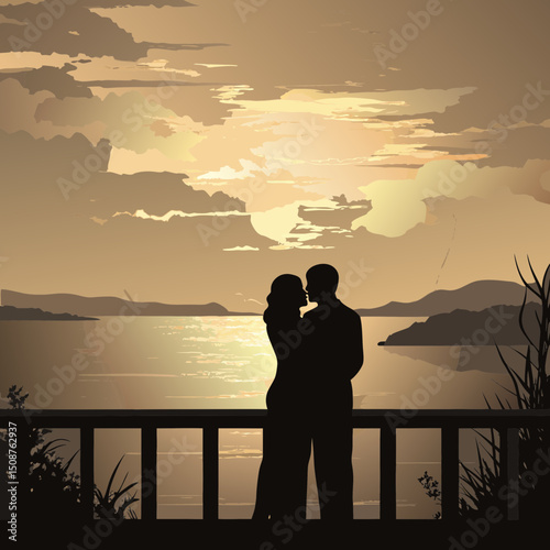 Silhouette of couple embracing at sunset by the lake  