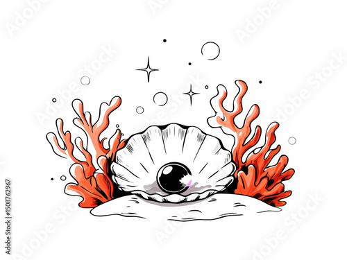 Shell with pearl among colorful coral in oceanic setting  