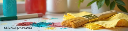 A paintbrush rests amidst cleaning supplies, playfully suggesting housework as an artistic endeavor The scene is brightly lit and evokes a feeling of cheerful domesticity , mop, domestic chores